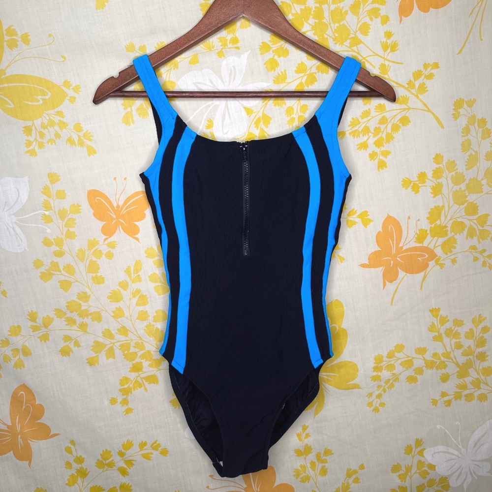 Mainstream Vintage Ribbed One Piece Surf Swimsuit Black Blue Zip Front Size 10